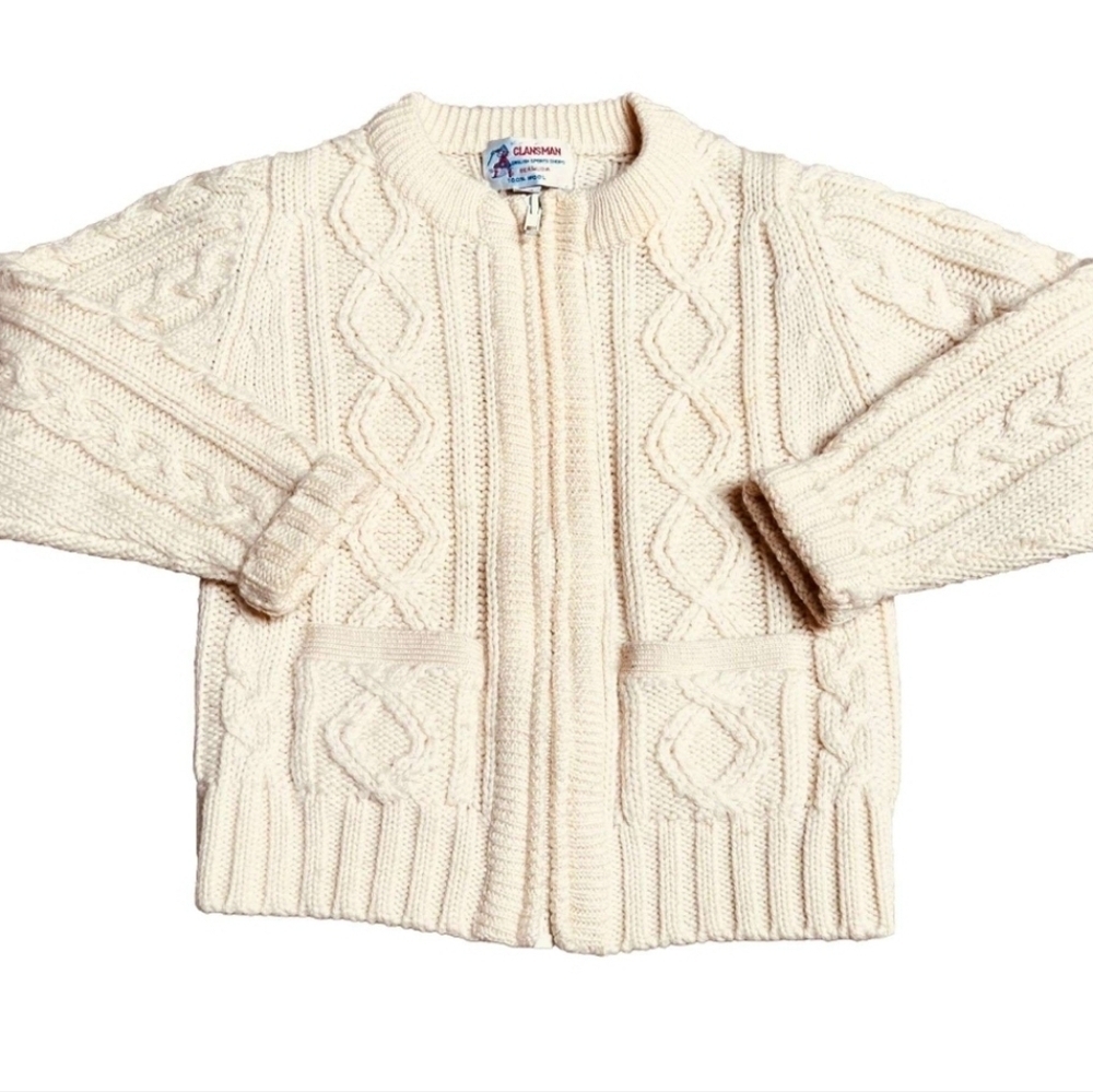 Vintage Clansman Kids’ 100% Cream Wool Zip Cardigan Sweater Knit Sz 26 (US 6/7)